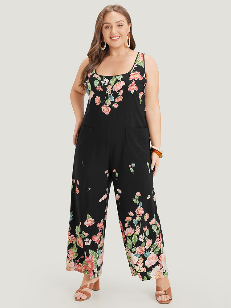 

Plus Size Black Floral Square Neck Zip Back Pocket Jumpsuit Women Elegant Sleeveless Square Neck Dailywear Loose Jumpsuits BloomChic