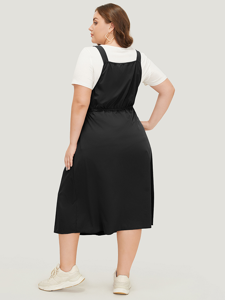 

Plus Size Plain Adjustable Straps Pocket Drawstring Side Overall Dress Black Women Casual Adjustable Straps Spaghetti Strap Sleeveless Curvy Midi Dress BloomChic