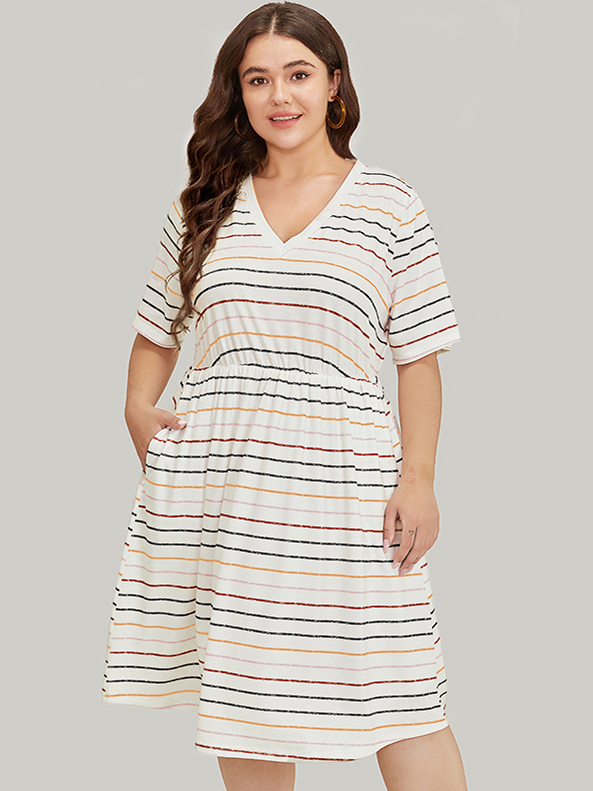 

Plus Size Rainbow Striped V Neck Pocket Contrast Midi Dress Black Women Casual Lined V-neck Short sleeve Curvy Midi Dress BloomChic