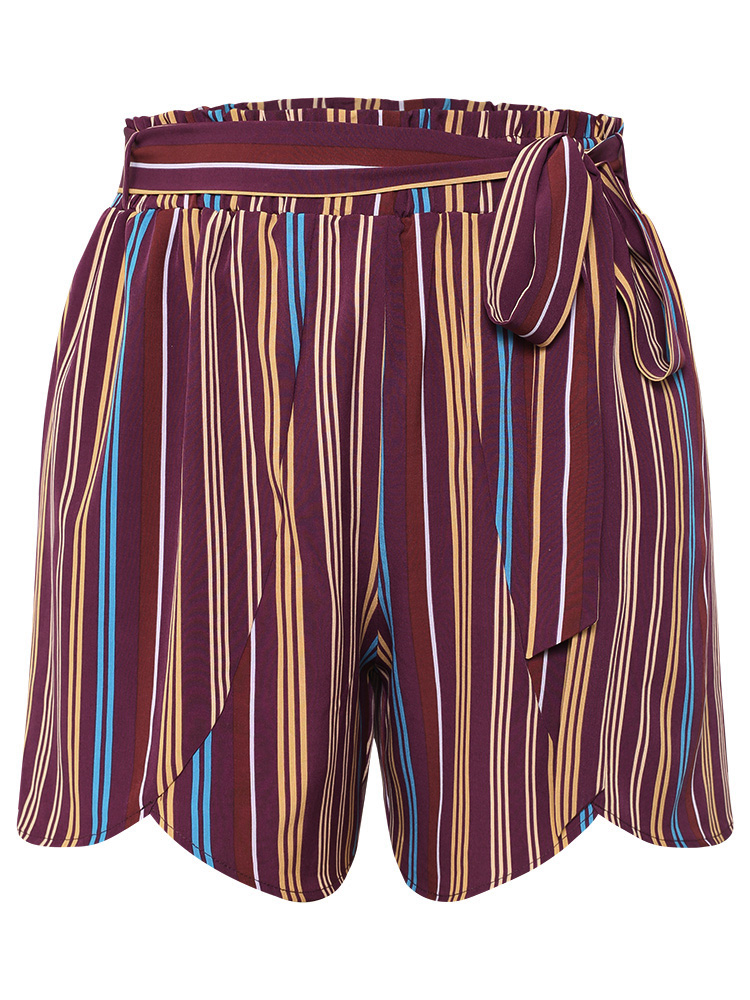 

Plus Size Colour Striped Print Belted Wrap Hem Shorts Women Multicolor Vacation Cross straps Dailywear Shorts BloomChic