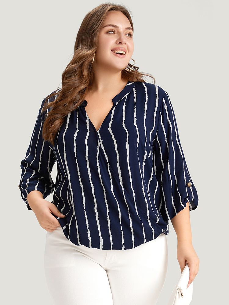 Plus Size Women Work Striped Printed Regular Sleeve Elbow-length sleeve Notched collar Office Blouses BloomChic 