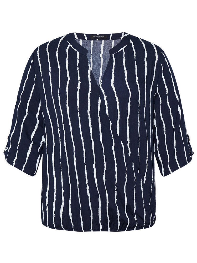 Plus Size Women Work Striped Printed Regular Sleeve Elbow-length sleeve Notched collar Office Blouses BloomChic 