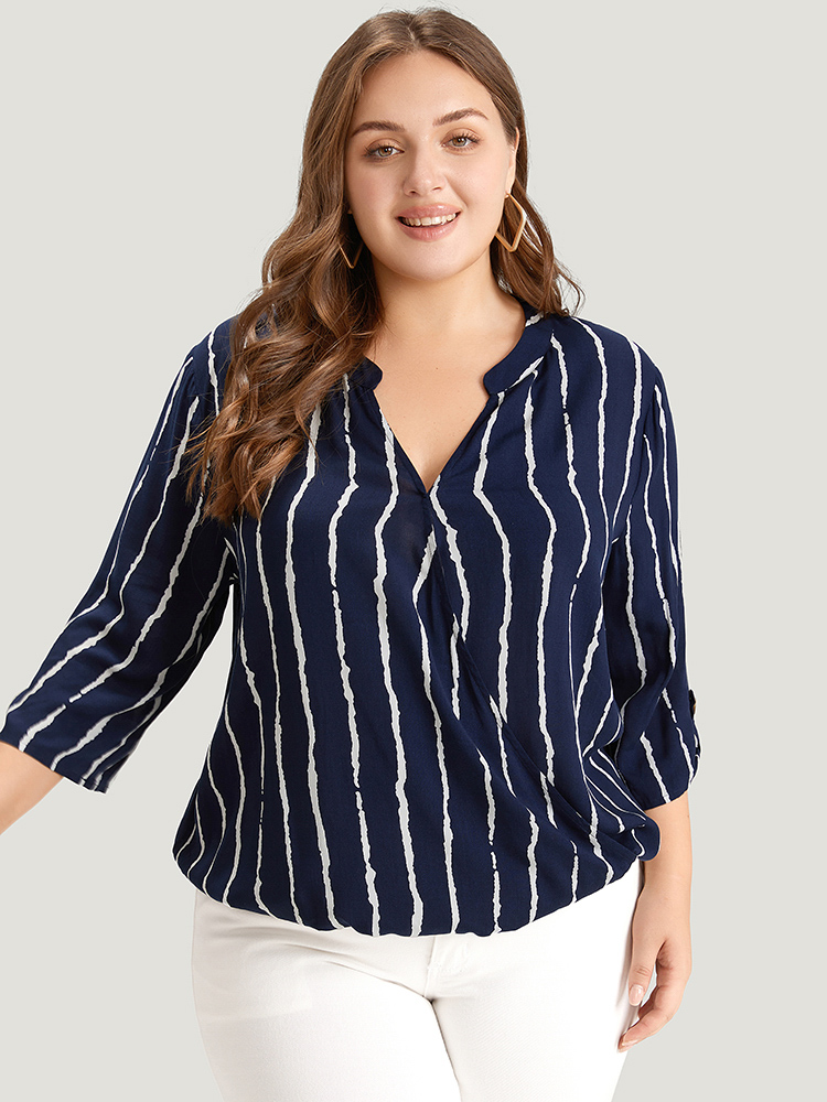 Plus Size Women Work Striped Printed Regular Sleeve Elbow-length sleeve Notched collar Office Blouses BloomChic 