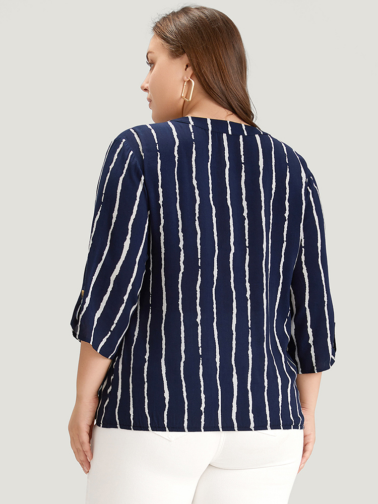 Plus Size Women Work Striped Printed Regular Sleeve Elbow-length sleeve Notched collar Office Blouses BloomChic 