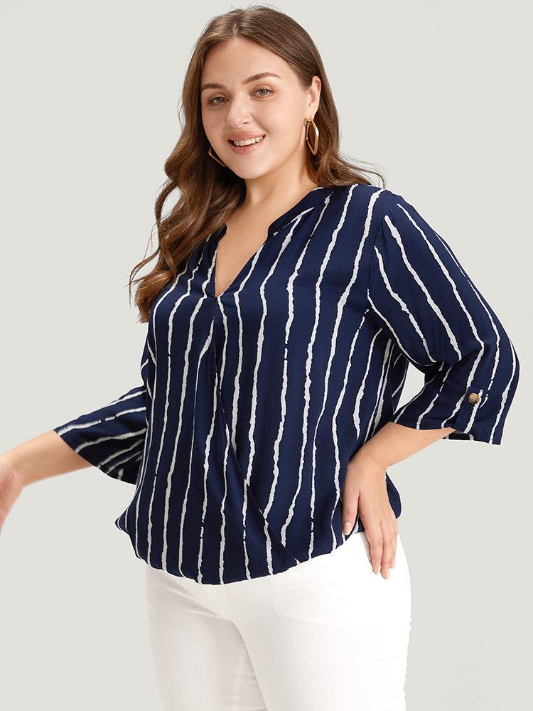 Plus Size Women Work Striped Printed Regular Sleeve Elbow-length sleeve Notched collar Office Blouses BloomChic 