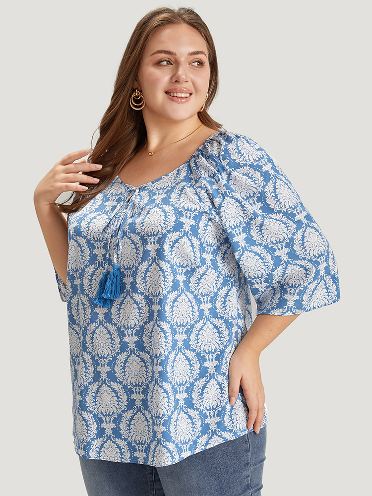 Plus Size Women Dailywear Bohemian Print Tassels Puff Sleeve Elbow-length sleeve Round Neck Vacation Blouses BloomChic 