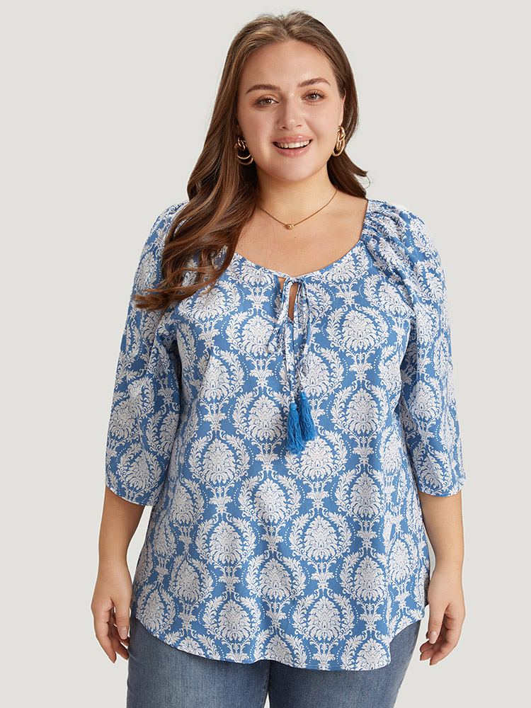 Plus Size Women Dailywear Bohemian Print Tassels Puff Sleeve Elbow-length sleeve Round Neck Vacation Blouses BloomChic 