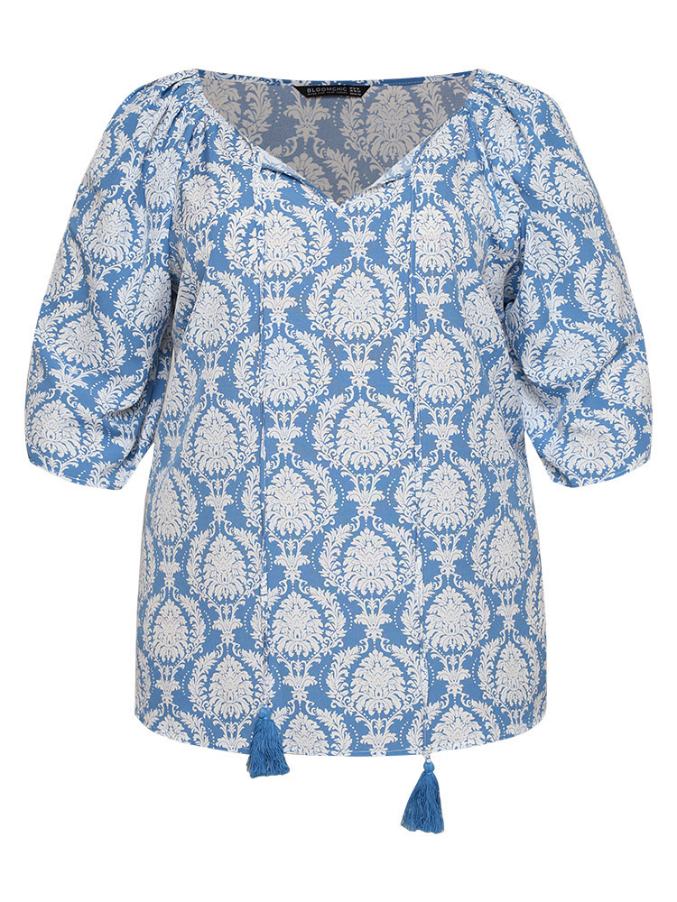 Plus Size Women Dailywear Bohemian Print Tassels Puff Sleeve Elbow-length sleeve Round Neck Vacation Blouses BloomChic 