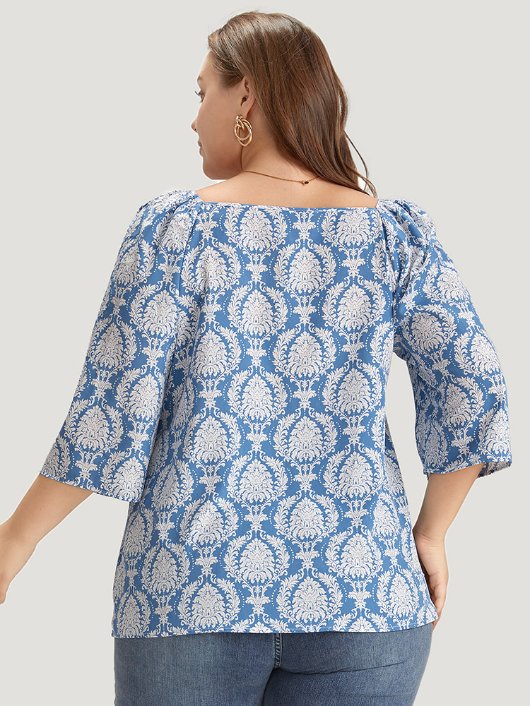Plus Size Women Dailywear Bohemian Print Tassels Puff Sleeve Elbow-length sleeve Round Neck Vacation Blouses BloomChic 