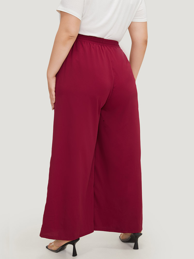 

Plus Size Solid Pocket Drawstring Wide Leg Pants Women Burgundy Office Wide Leg High Rise Work Pants BloomChic