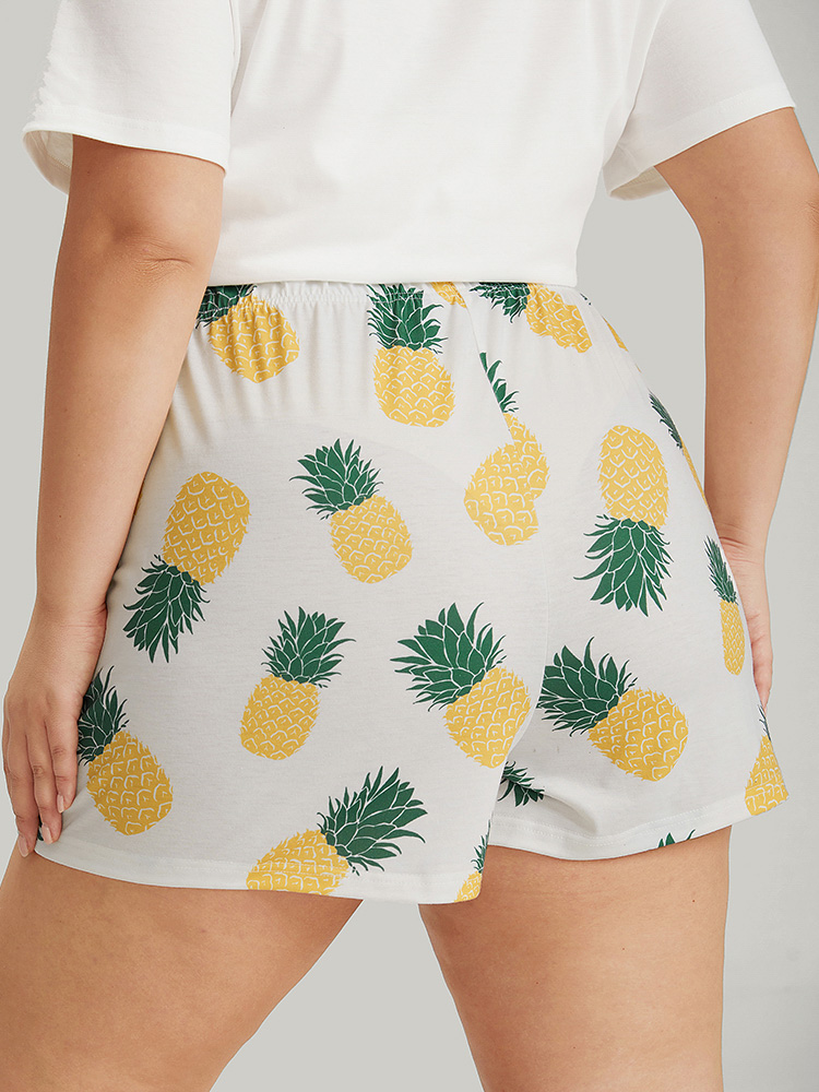 

Plus Size Pineapple Print Bowknot Sleep Shorts White Pocket Casual Dailywear Tropical Sleep Bottoms  Bloomchic