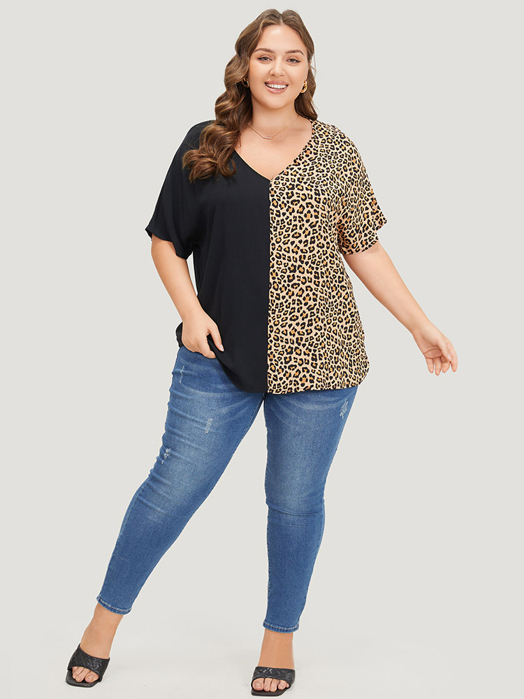 Plus Size Women Dailywear Leopard Patchwork Dolman Sleeve Short sleeve V-neck Elegant Blouses BloomChic 