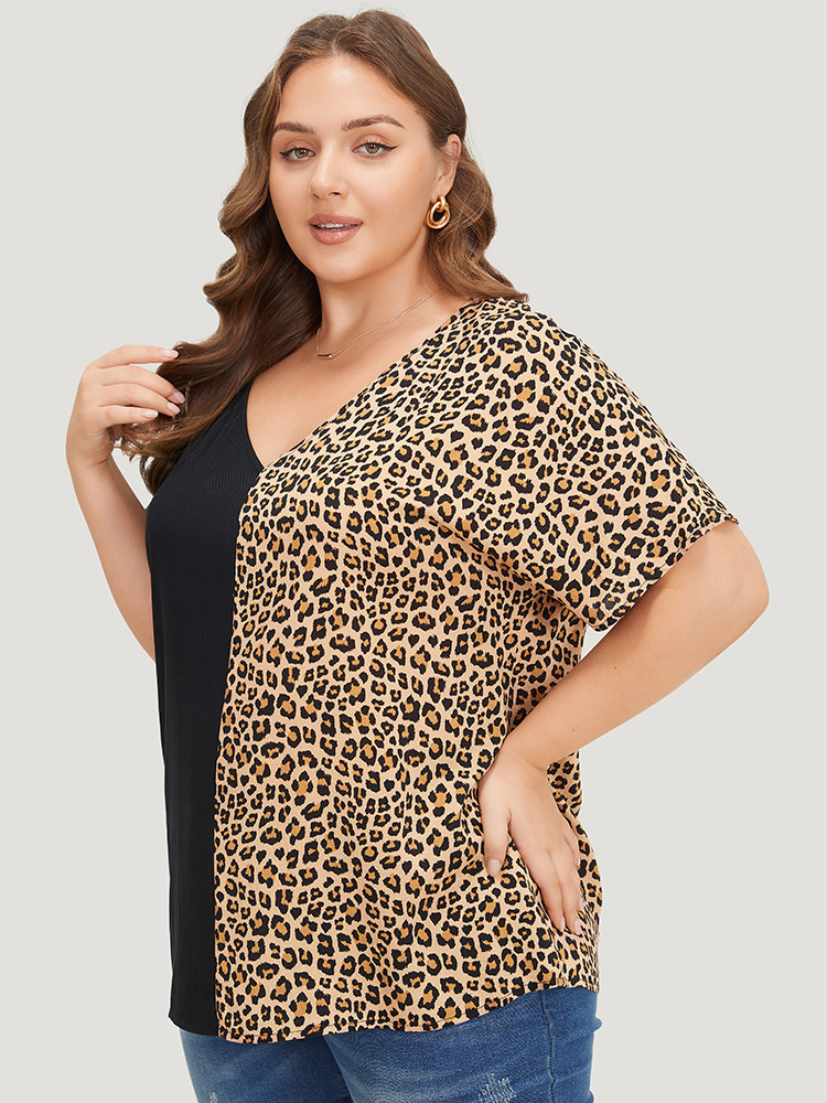 Plus Size Women Dailywear Leopard Patchwork Dolman Sleeve Short sleeve V-neck Elegant Blouses BloomChic 