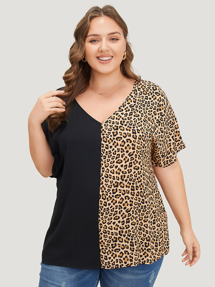 Plus Size Women Dailywear Leopard Patchwork Dolman Sleeve Short sleeve V-neck Elegant Blouses BloomChic 