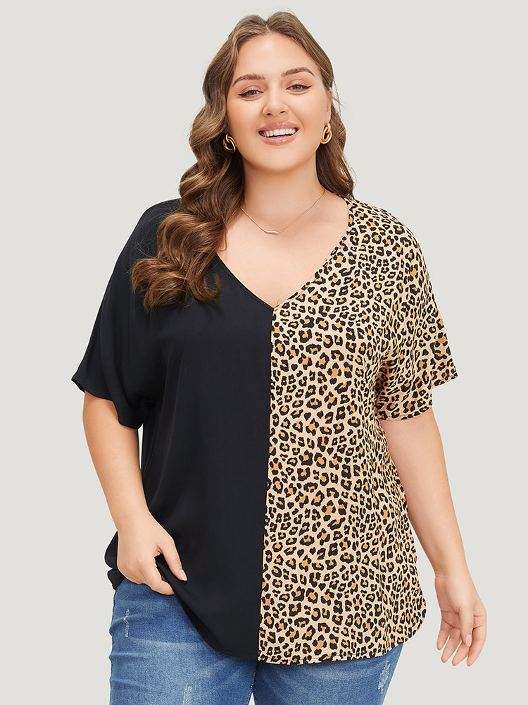 Plus Size Women Dailywear Leopard Patchwork Dolman Sleeve Short sleeve V-neck Elegant Blouses BloomChic 