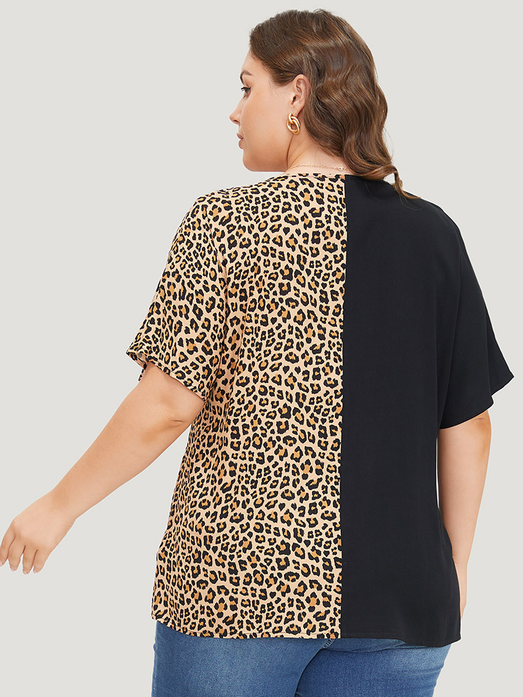 Plus Size Women Dailywear Leopard Patchwork Dolman Sleeve Short sleeve V-neck Elegant Blouses BloomChic 