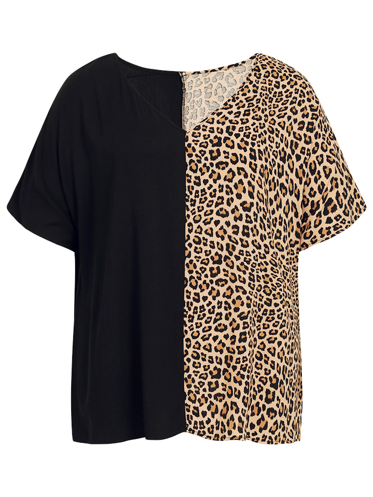 Plus Size Women Dailywear Leopard Patchwork Dolman Sleeve Short sleeve V-neck Elegant Blouses BloomChic 