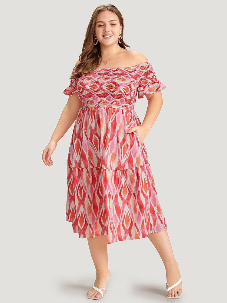 

Plus Size Geometric Print Pocket Shirred Ruffles Sleeve Off Shoulder Dress Multicolor Women Elegant One-shoulder neck Short sleeve Curvy Midi Dress BloomChic