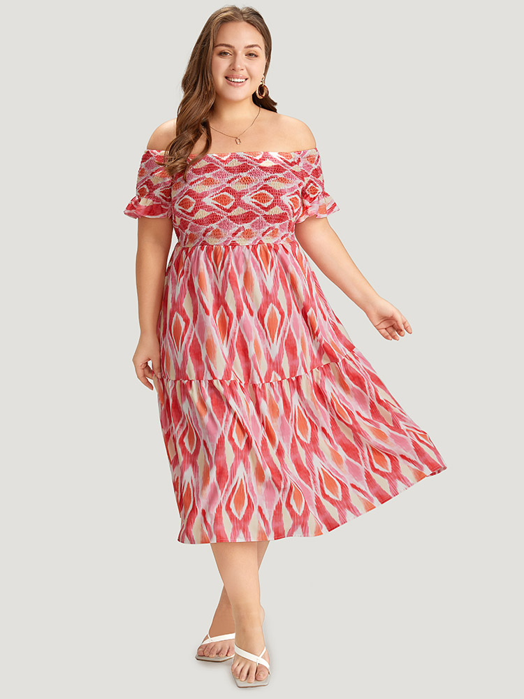 

Plus Size Geometric Print Pocket Shirred Ruffles Sleeve Off Shoulder Dress Multicolor Women Elegant One-shoulder neck Short sleeve Curvy Midi Dress BloomChic