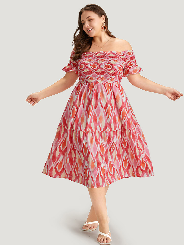 

Plus Size Geometric Print Pocket Shirred Ruffles Sleeve Off Shoulder Dress Multicolor Women Elegant One-shoulder neck Short sleeve Curvy Midi Dress BloomChic