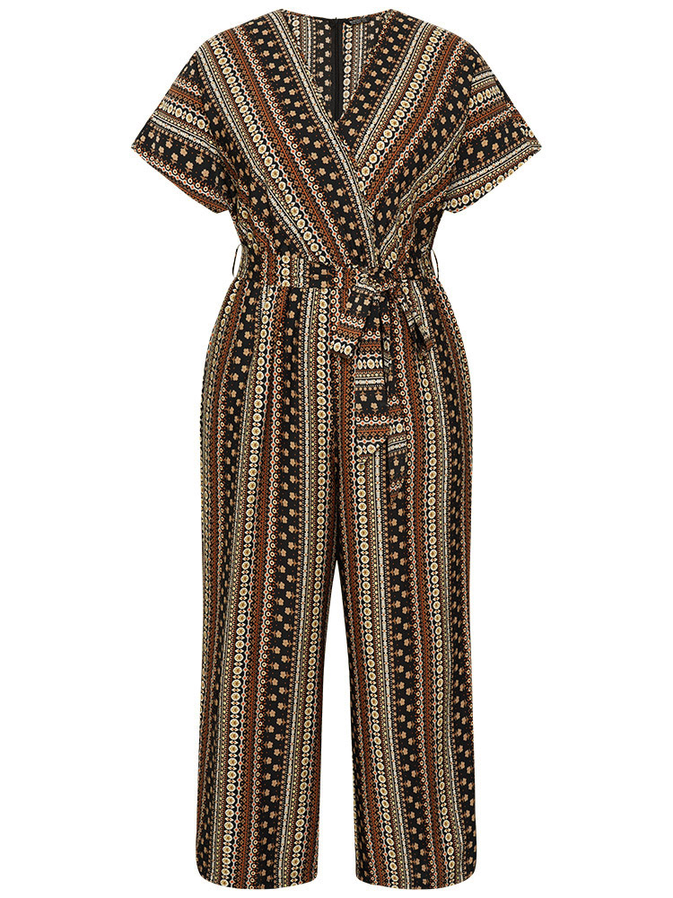 

Plus Size DarkBrown Bandana Print Surplice Neck Belted Ruffle Sleeve Jumpsuit Women Elegant Short sleeve V-neck Dailywear Loose Jumpsuits BloomChic