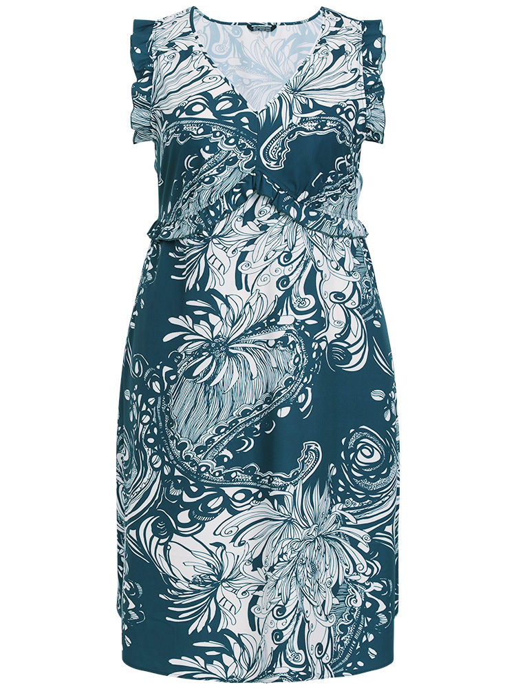 Plus Size Floral Print Sleeveless Pocket V Neck Frill Trim Dress DarkBlue Women Elegant Ruffles V-neck Sleeveless Curvy Midi Dress BloomChic 22-24/3X 