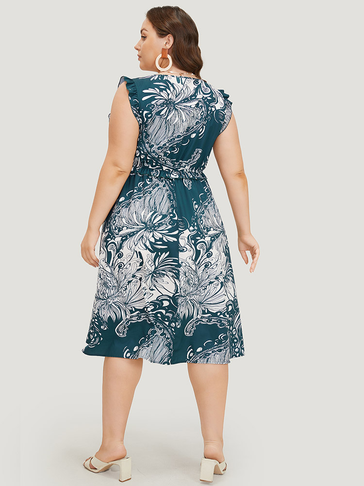 Plus Size Floral Print Sleeveless Pocket V Neck Frill Trim Dress DarkBlue Women Elegant Ruffles V-neck Sleeveless Curvy Midi Dress BloomChic 22-24/3X 