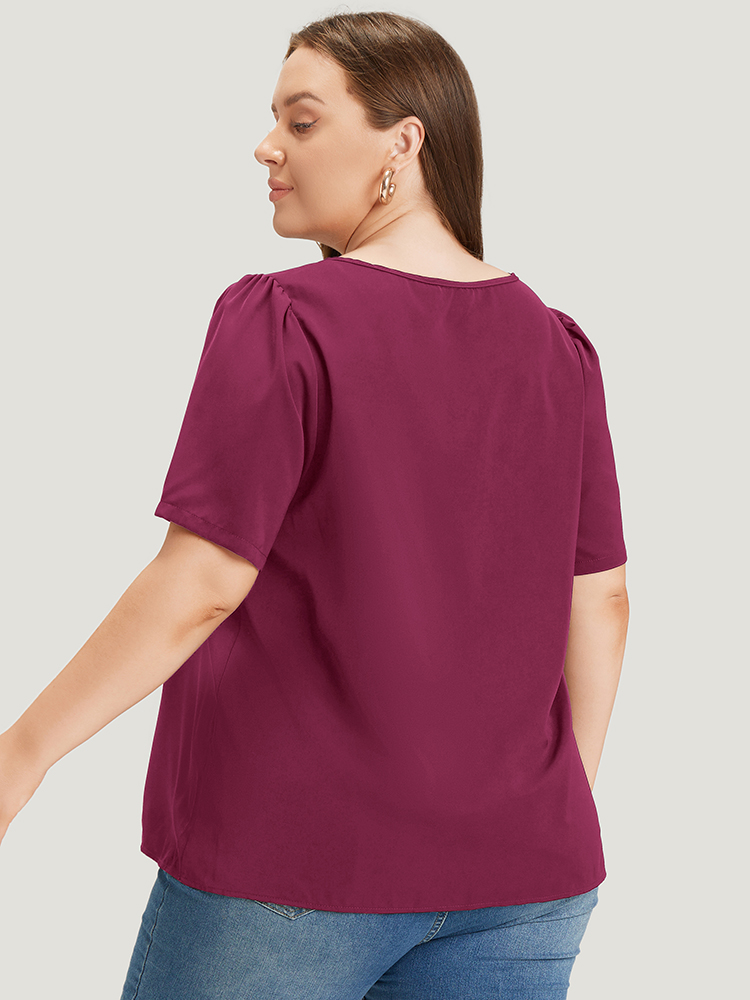 

Plus Size Burgundy Anti-Wrinkle Plain Metal Detail Keyhole Neck Blouse Women Office Short sleeve V-neck Work Blouses BloomChic