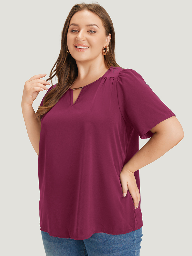 Plus Size Burgundy Anti-Wrinkle Plain Metal Detail Keyhole Neck Blouse Women Office Short sleeve V-neck Work Blouses BloomChic 28/5X 