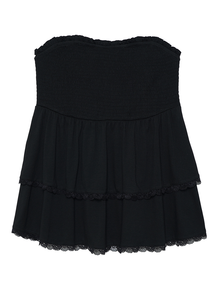 

Plus Size Solid Frill Trim Shirred Lace Ruffle Layered Tank Top Women Black Elegant Frill Trim One-shoulder neck Dailywear Tank Tops Camis BloomChic