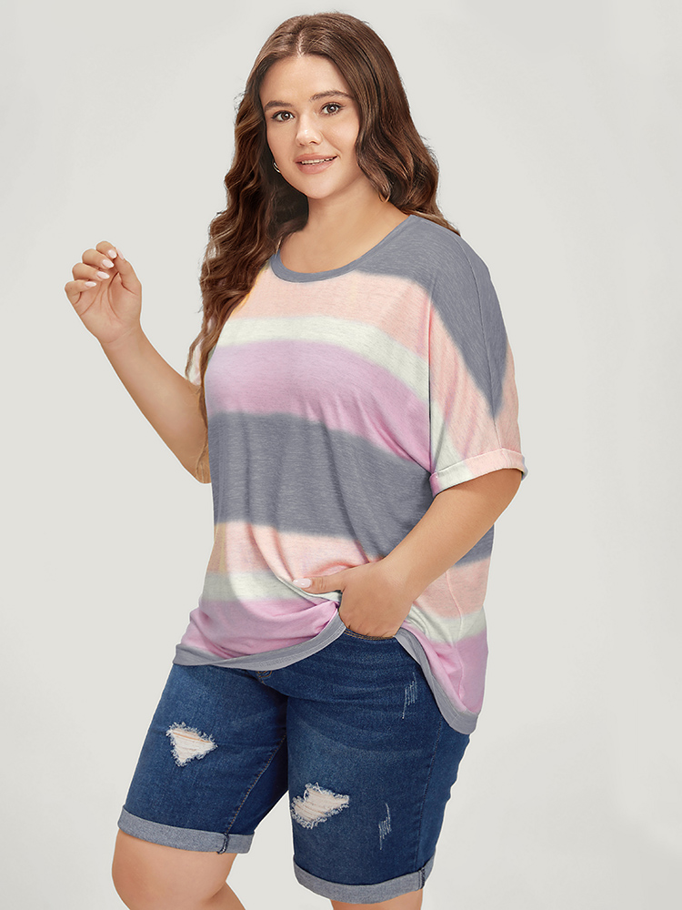 

Plus Size Striped Contrast Roll Dolman Sleeve T-shirt Purple Women Casual Contrast Striped Round Neck Everyday T-shirts BloomChic