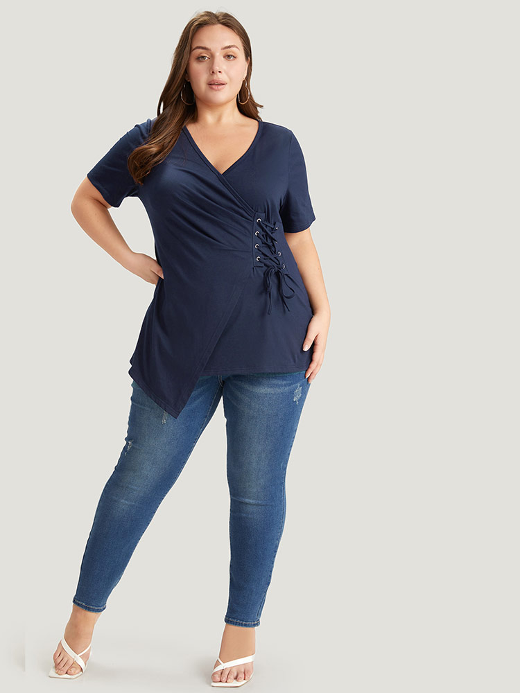 

Plus Size Solid Wrap Lace Up Side Asymmetrical Hem T-shirt Indigo Overlap Collar Short sleeve Elegant Jersey Tops