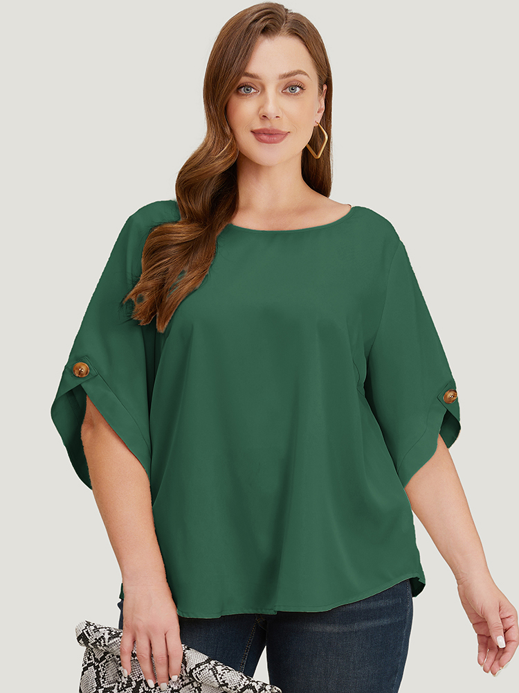 

Plus Size ArmyGreen Solid Button Detail Flounce Sleeve Blouse Women Office Elbow-length sleeve Round Neck Dailywear Blouses BloomChic