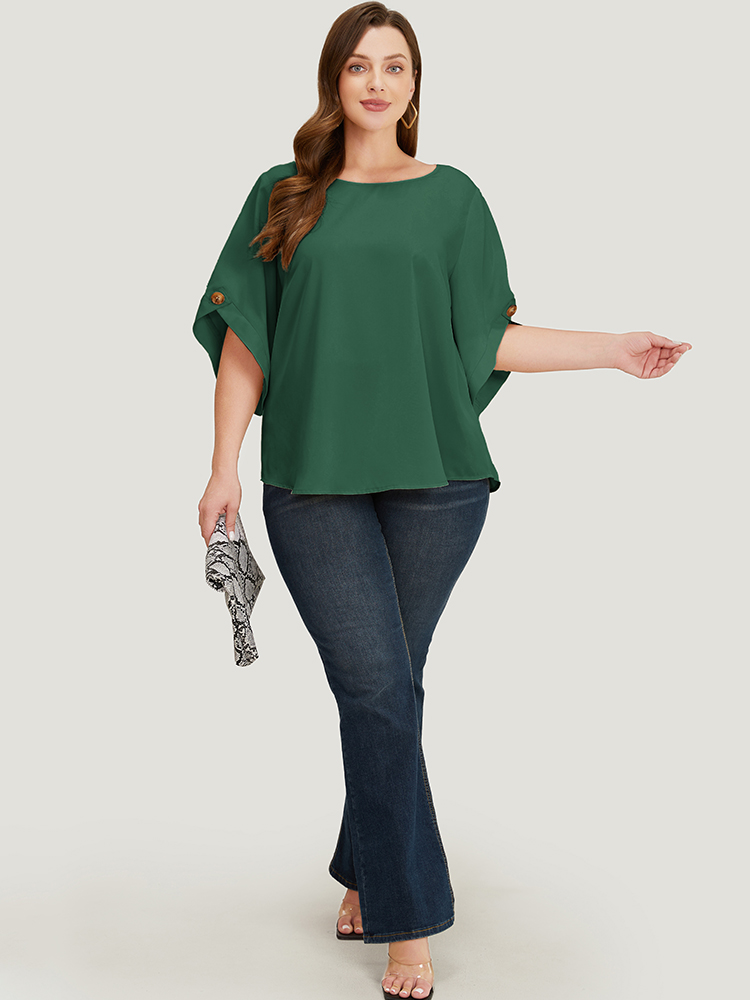 

Plus Size ArmyGreen Solid Button Detail Flounce Sleeve Blouse Women Office Elbow-length sleeve Round Neck Dailywear Blouses BloomChic