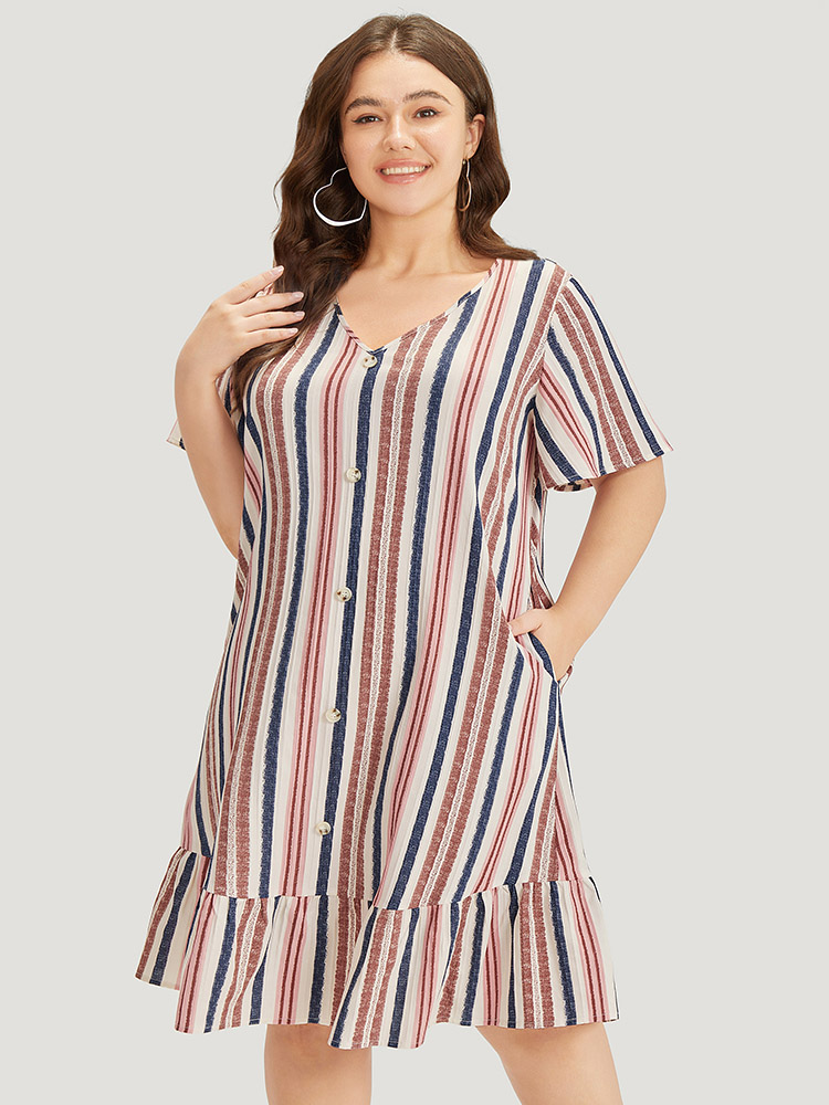 

Plus Size Striped Button Detail Pocket Ruffle Hem Dress Multicolor Women Vacation Gathered V-neck Short sleeve Curvy Knee Dress BloomChic