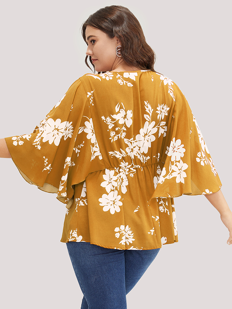 

Plus Size Orange Floral Printed Plicated Detail Flutter Sleeve Blouse Women Elegant Short sleeve V-neck Dailywear Blouses BloomChic