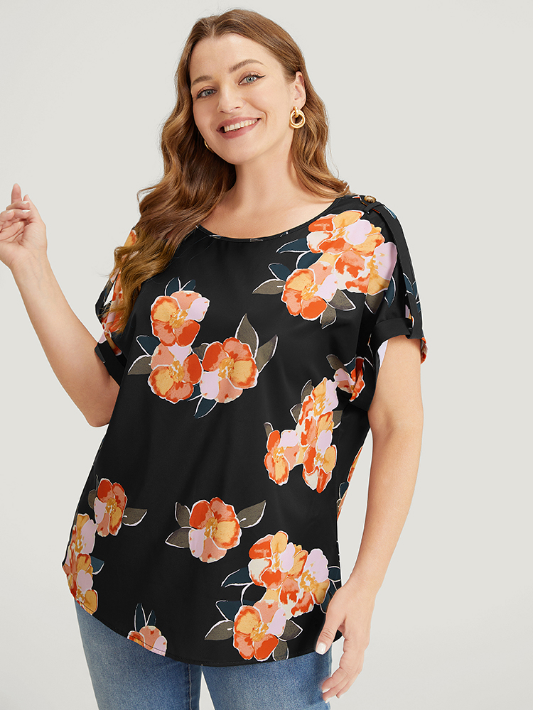 

Plus Size Black Floral Printed Roll Tab Sleeve Blouse Women Elegant Short sleeve Round Neck Dailywear Blouses BloomChic