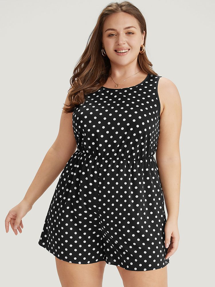 

Plus Size Polka Dot Elastic Waist Pocket Tank Romper Black Polka Dot Pocket Elegant Dailywear  Rompers Bloomchic