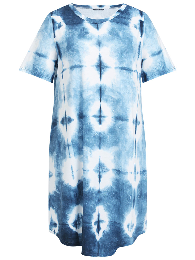 Plus Size Tie Dye Pocket Ruffle Hem Crew Neck Dress Blue Women Casual Printed Round Neck Short sleeve Curvy Midi Dress BloomChic 22-24/3X 