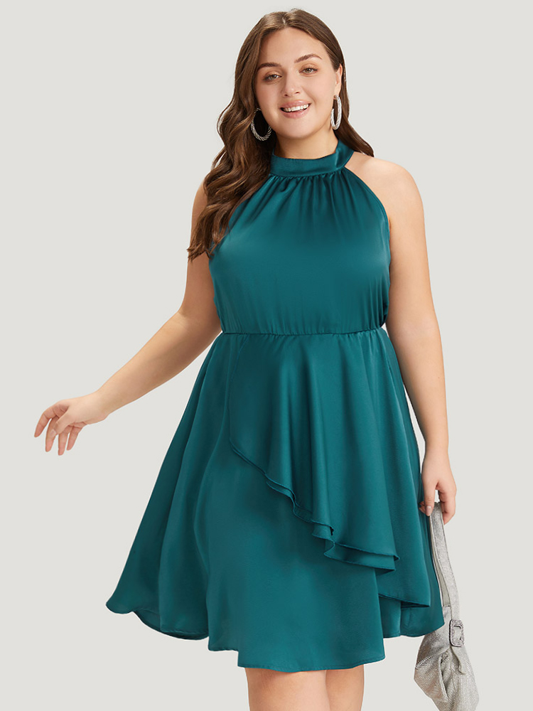 

Plus Size Solid Keyhole Back Layered Pocket Satin Halter Dress Aegean Women Keyhole Halter neck Sleeveless Curvy Knee Dress BloomChic