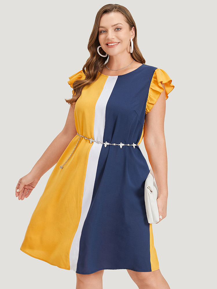 

Plus Size Contrast Patchwork Pocket Ruffle Cap Sleeve Dress Multicolor Women Office Contrast Round Neck Cap Sleeve Curvy Knee Dress BloomChic