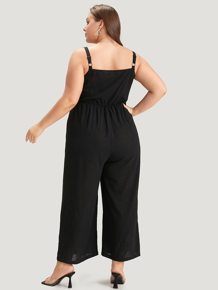 

Plus Size Black Striped Patchwork Pocket Button Detail Shirred Cami Jumpsuit Women Casual Sleeveless Spaghetti Strap Dailywear Loose Jumpsuits BloomChic