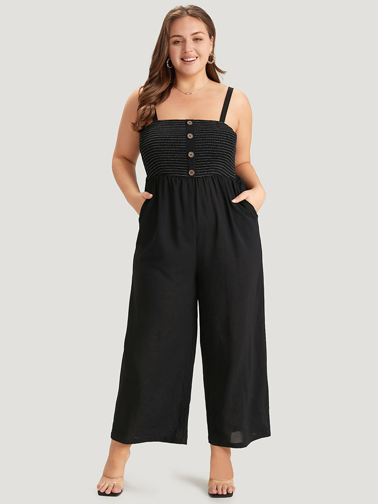 

Plus Size Black Striped Patchwork Pocket Button Detail Shirred Cami Jumpsuit Women Casual Sleeveless Spaghetti Strap Dailywear Loose Jumpsuits BloomChic