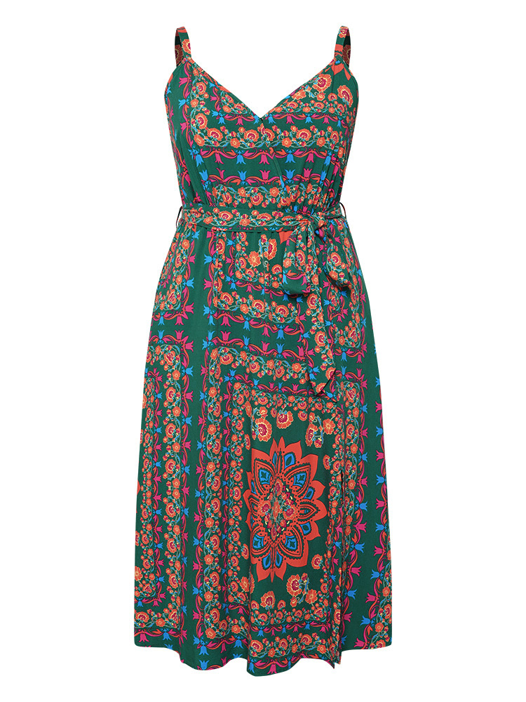 

Plus Size Boho Print Belted Split Hem Pocket Cami Dress DarkGreen Women Vacation Gathered V-neck Sleeveless Curvy Midi Dress BloomChic