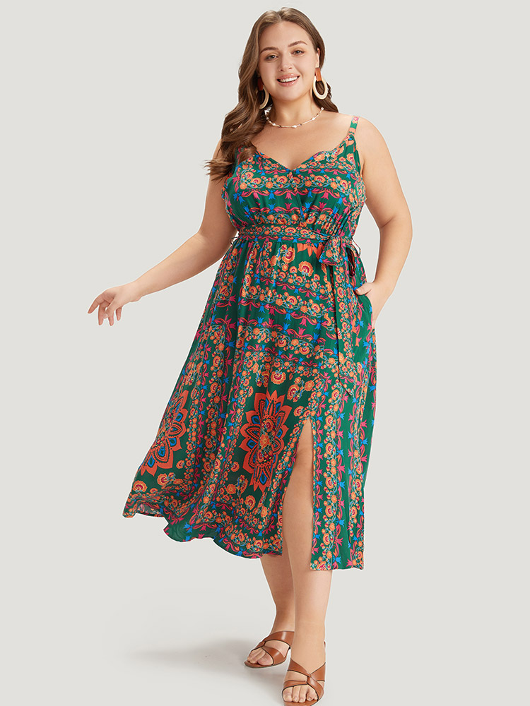 

Plus Size Boho Print Belted Split Hem Pocket Cami Dress DarkGreen Women Vacation Gathered V-neck Sleeveless Curvy Midi Dress BloomChic