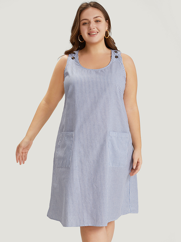 

Plus Size Striped Patched Pocket Adjustable Button Dress LightBlue Women Casual Adjustable Straps Round Neck Sleeveless Curvy Knee Dress BloomChic