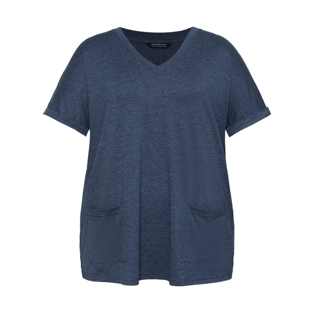 

Plus Size Plain Patched Pocket Cuffed Sleeve Heather T-shirt Blue Women Casual Heather Plain V-neck Dailywear T-shirts BloomChic
