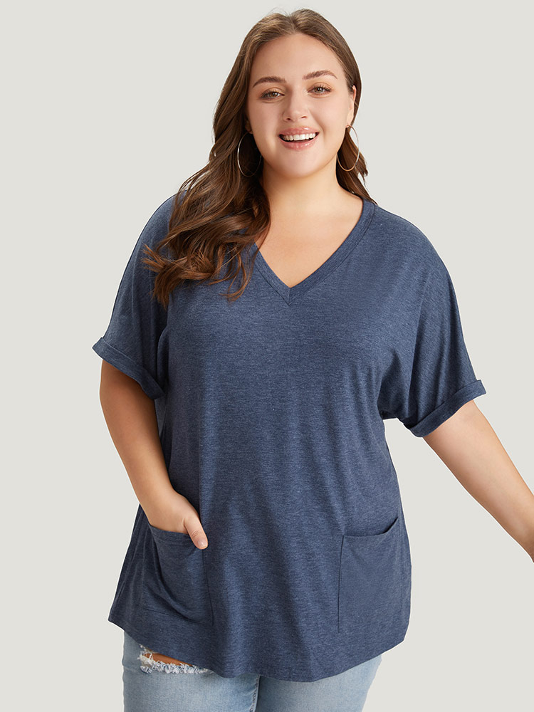 

Plus Size Plain Patched Pocket Cuffed Sleeve Heather T-shirt Blue Women Casual Heather Plain V-neck Dailywear T-shirts BloomChic