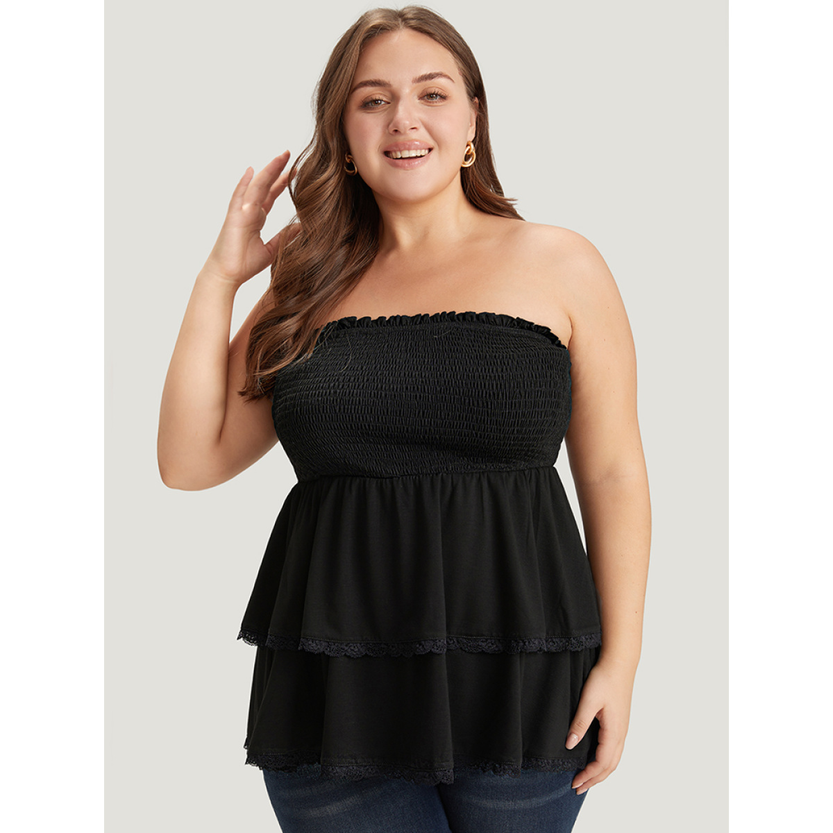 

Plus Size Solid Frill Trim Shirred Lace Ruffle Layered Tank Top Women Black Elegant Frill Trim One-shoulder neck Dailywear Tank Tops Camis BloomChic