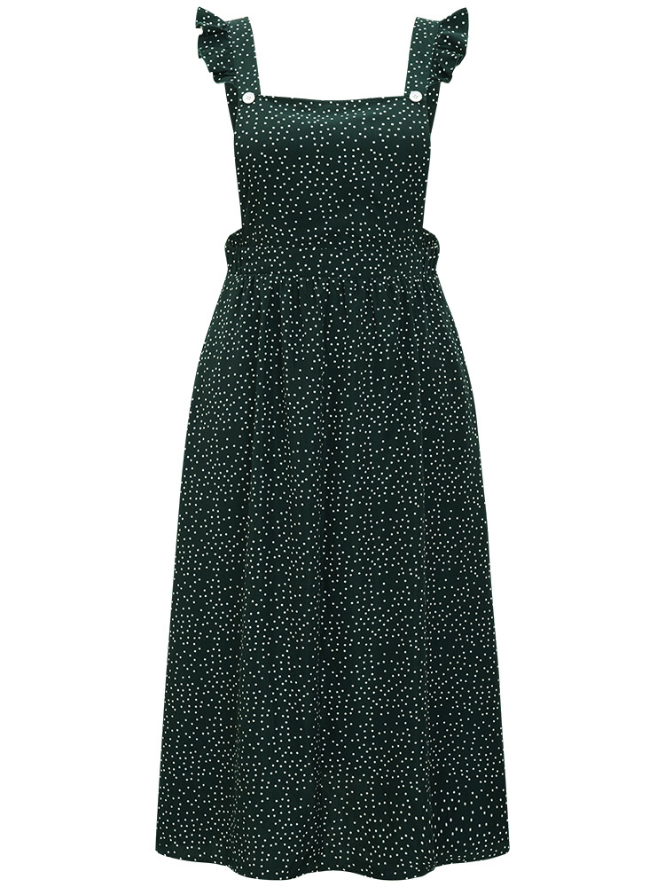 

Plus Size Polka Dot Pocket Flutter Trim Overall Dress Green Women Casual Elastic Waist Spaghetti Strap Sleeveless Curvy Midi Dress BloomChic